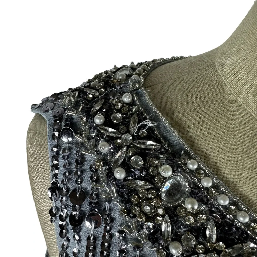 MAC DUGGAL 10739 Steel Gray Blue Embellished Sleeveless High Neck Midi Size 10 - Picture 6 of 10